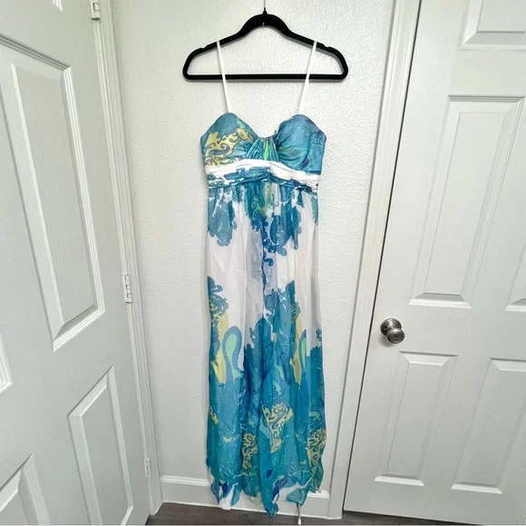 Caché Size 8 Blue Green Paisley Chiffon Maxi Dress Resort Evening Event Prom - Picture 2 of 11